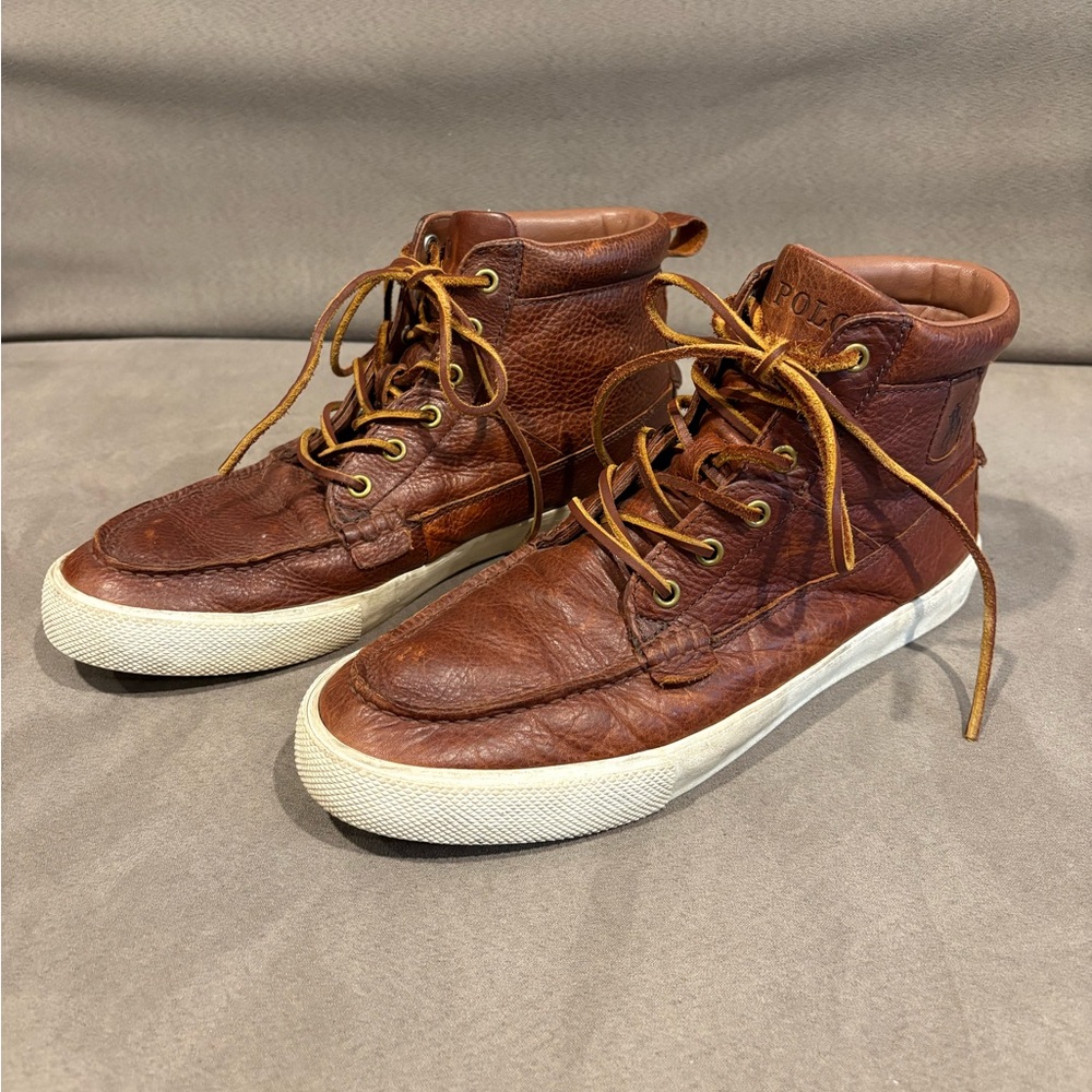 Polo Ralph Lauren Tavis Sneaker High Top Lace Up Brown Leather Casual Men’s 10.5